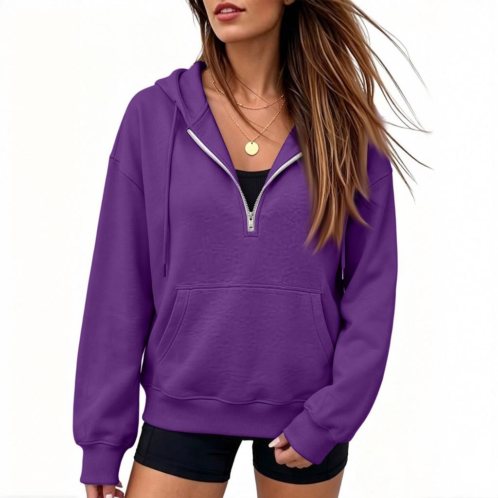 Women's Half Zip Hoodie Long Sleeve Color Thick Lined Sweatshirt for Fall