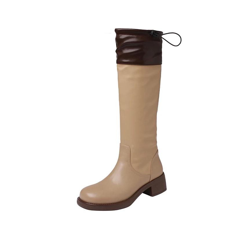 

Meotina/женские сапоги до колена из натуральной кожи, женские сапоги до колена с круглым носком на толстом среднем каблуке, разноцветные сапоги Gogo, женская осенне-зимняя обувь 34 миндальный