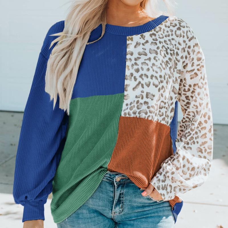 Herbst und Winter Neu Leopard Print Gestricktes Freizeitshirt Damen Langarm Tops Vintage Lockere Bluse für Damen Mode Elegant Damenblusen 25786