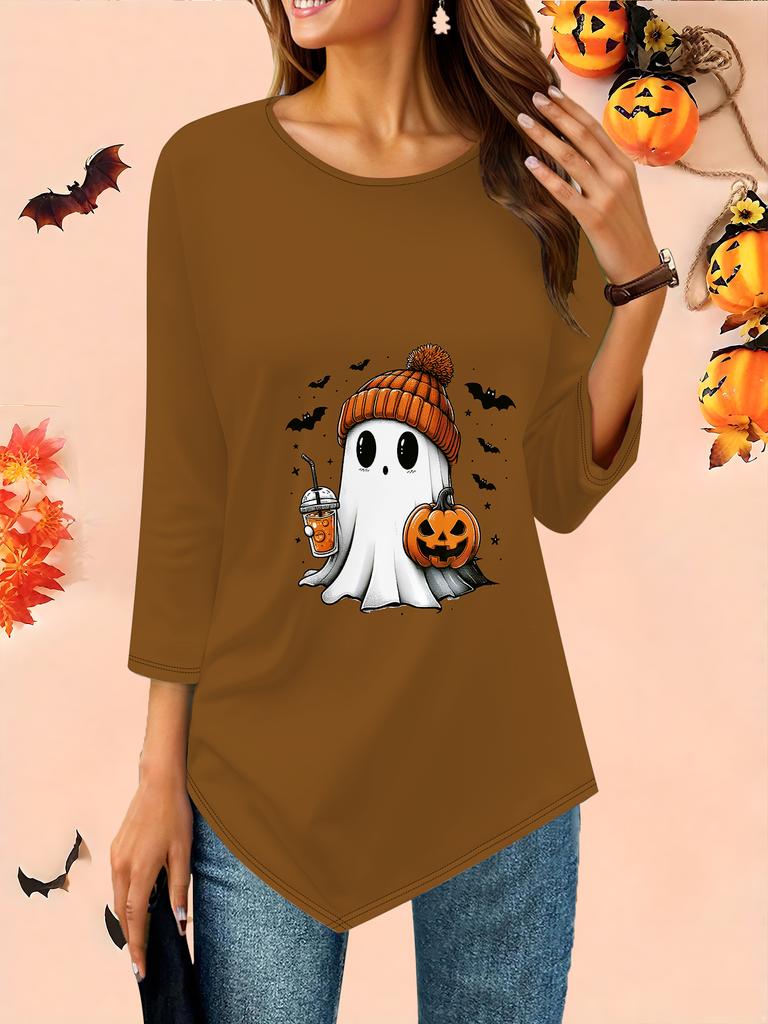 Women's Loose Round Neck Three Quarter Sleeve Tee 3D Halloween Pattern Ideal Halloween and Christmas Gift
