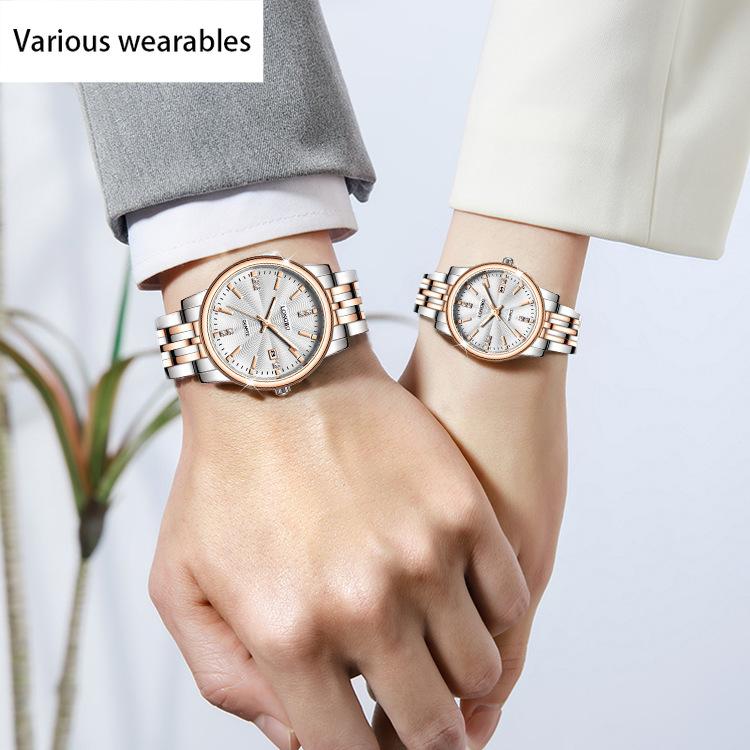 Lovers Watch Calendar Waterproof Steel Strap Watch for Men Women
