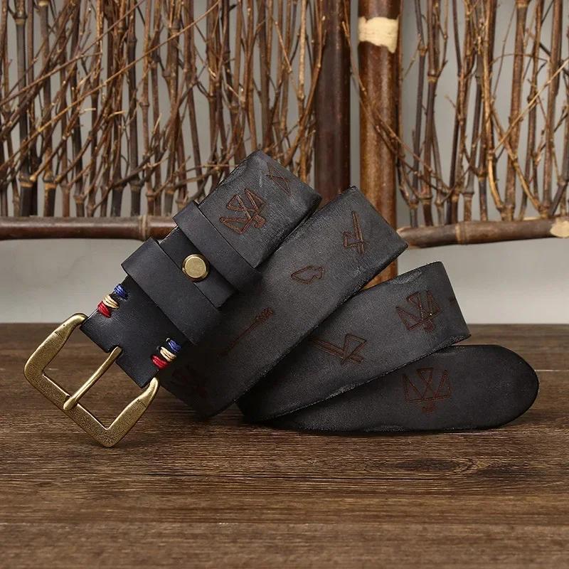 

3,8 см чистая коровья кожа высокого качества натуральная кожа ремни для мужчин утолщение лазерная гравировка ремень мужской медная пряжка джинсы ковбой 125cm чёрный