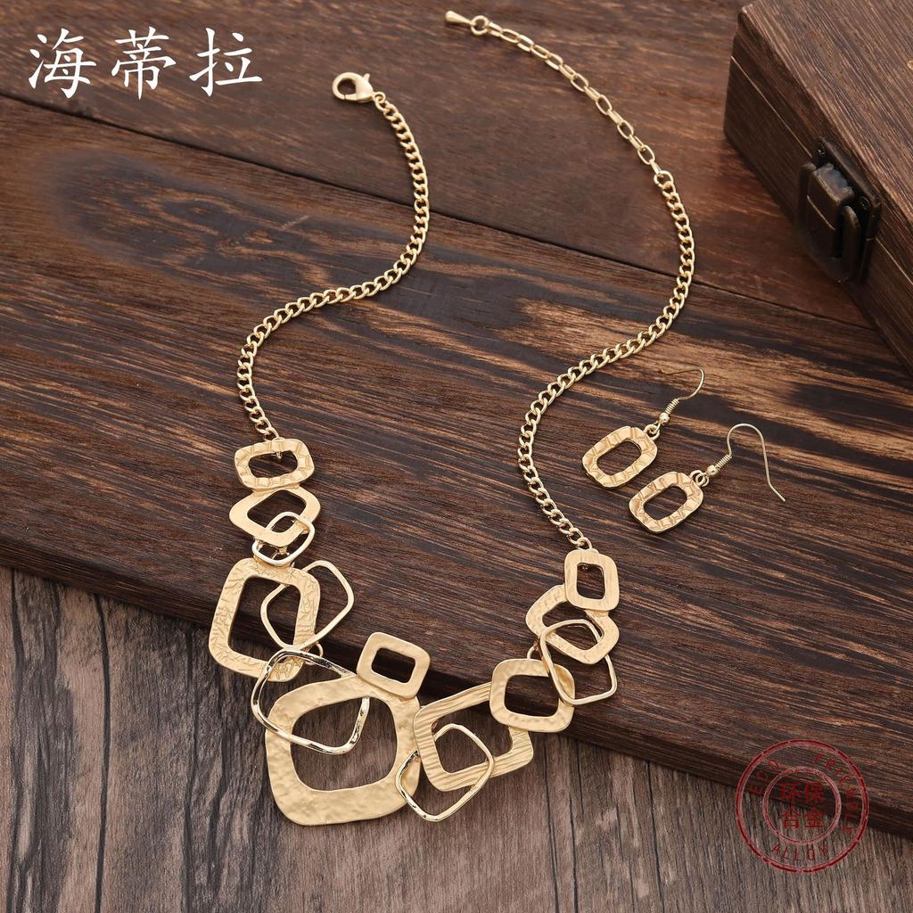 Luxury Hot-selling Color Painting Oil Geometric Hollow Square Stud Earrings Item Set Exaggerated Personality Women's Versatile Necklace