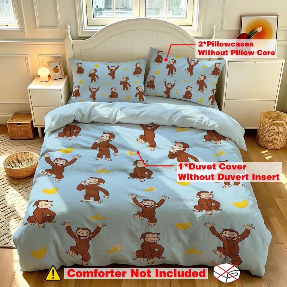 Duvet Cover Set 3Pcs Cute Cartoon Monkey Blue Print Soft Microfiber Bedding with Pillowcases Kids Bedroom