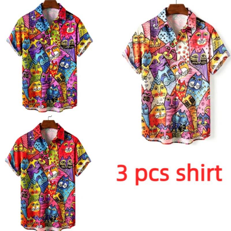 Summer Fashion Funny Colorful Cartoon Cat Printing Shirt Hawaiian Beach Vacation Clothing Men's Street Style Shirt Daily Men's and Women's Shirt