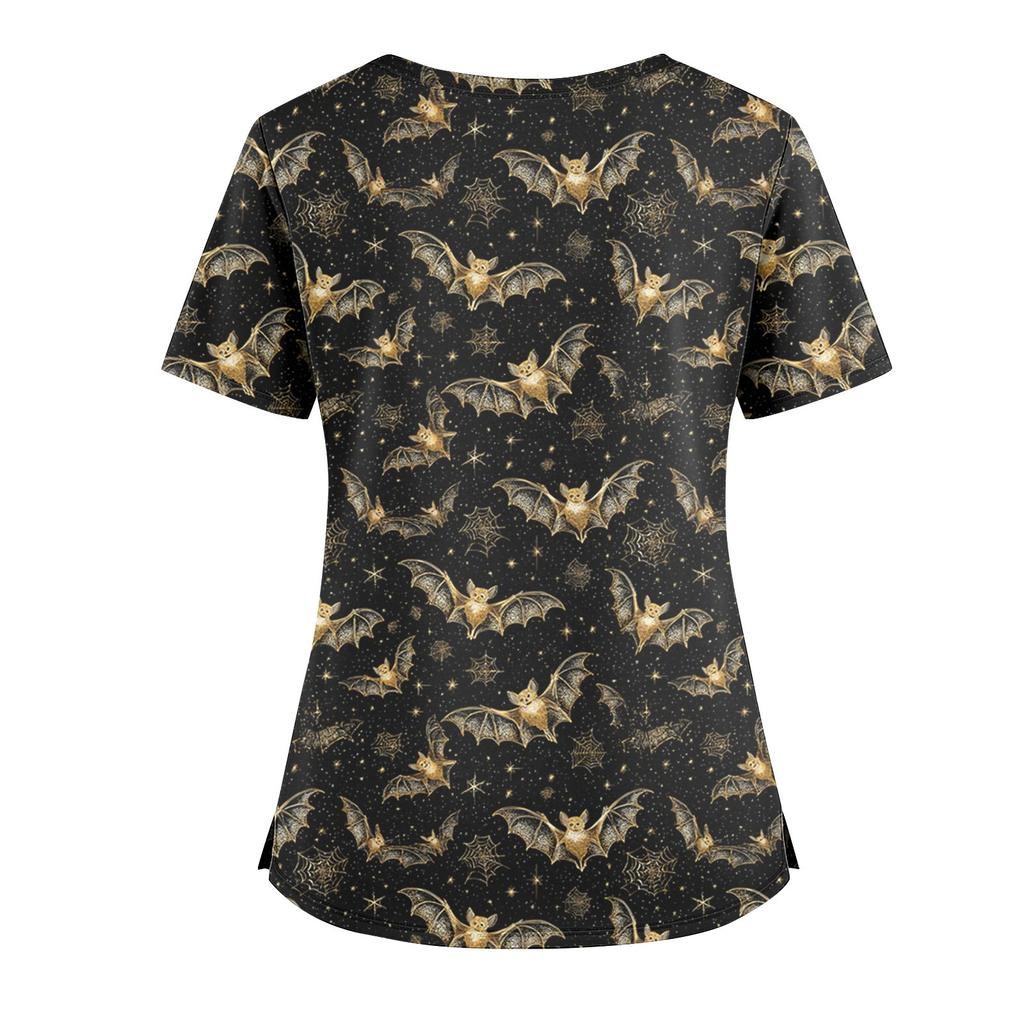 Women's Loose Short Sleeved Fashionable Halloween Print V-neck Buttonable Side Slit Top T-shirt