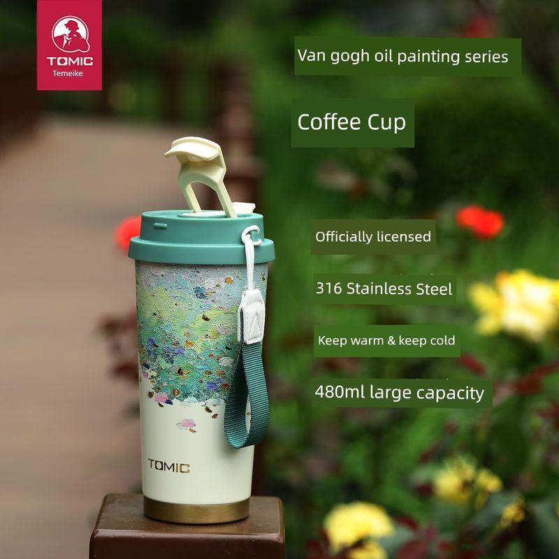 Temeike 316 Stainless Steel Double-Drink Insulated Straw Cup, Cold-Keeping Coffee Cup, Large-Capacity Insulated Cup, Milk Tea Cup 500ml Water Lily (316 Steel)