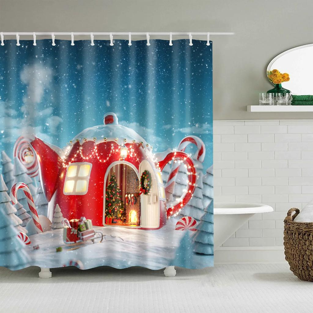 Christmas Bath Curtains Home Decor Winter Snowflake Snowman Santa Claus Waterproof Shower Curtain Bathroom Curtains