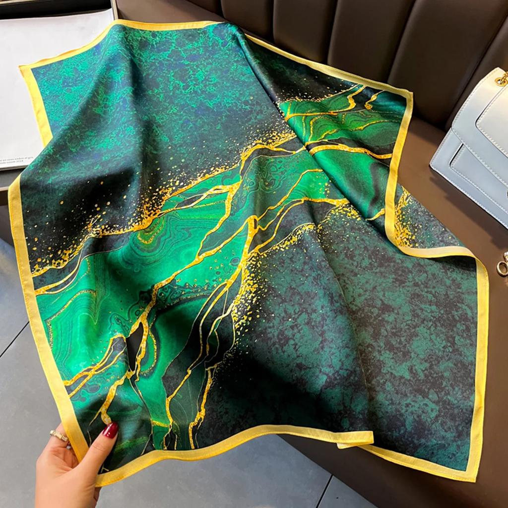 Ciemnozielony Szalik z Nadrukiem Rzeki Vintage Imitacja Jedwabiu Kwadratowy Szalik Bandana Oddychający Nakrycie Głowy Akcesoria do Włosów