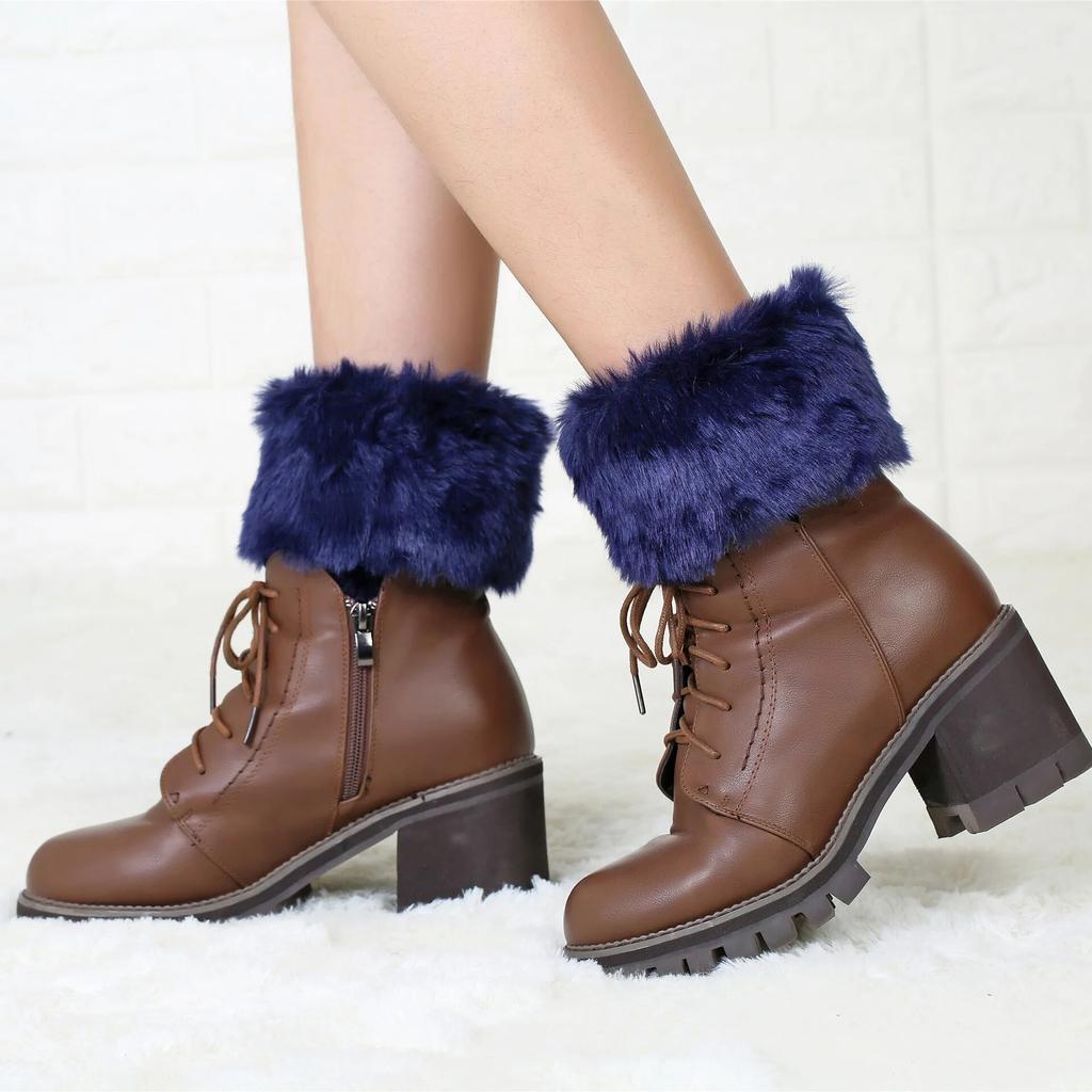 Women Leg Warmers Winter Autumn Lady Crochet Knitted Fur Trim Leg Boat Socks Thick Boot Cuffs Ankle Warm Foot Cover