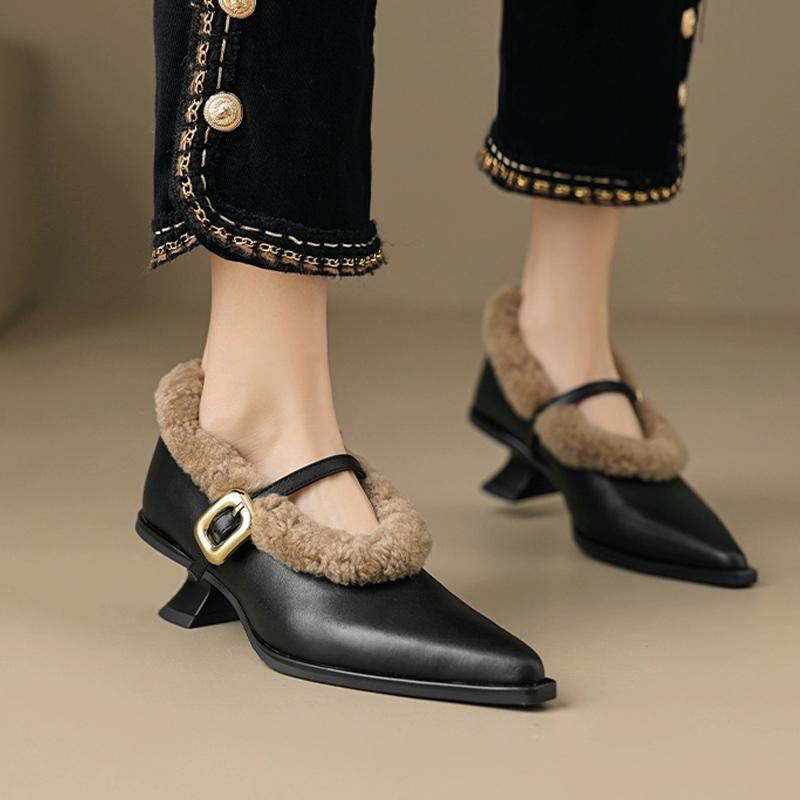 Fashion Elegant Metal Buckle Mary Janes Woman Chic  Brand Design Fur Low Heel Dress Shoes Ladies Winter Warm Plush Belt Pump Zapatos