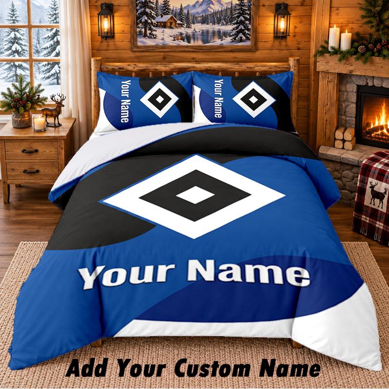 Set Biancheria da Letto 3 Pezzi con Motivo Hamburger SV, Nome Personalizzabile, Lenzuolo e Federe per Camera da Letto di Casa