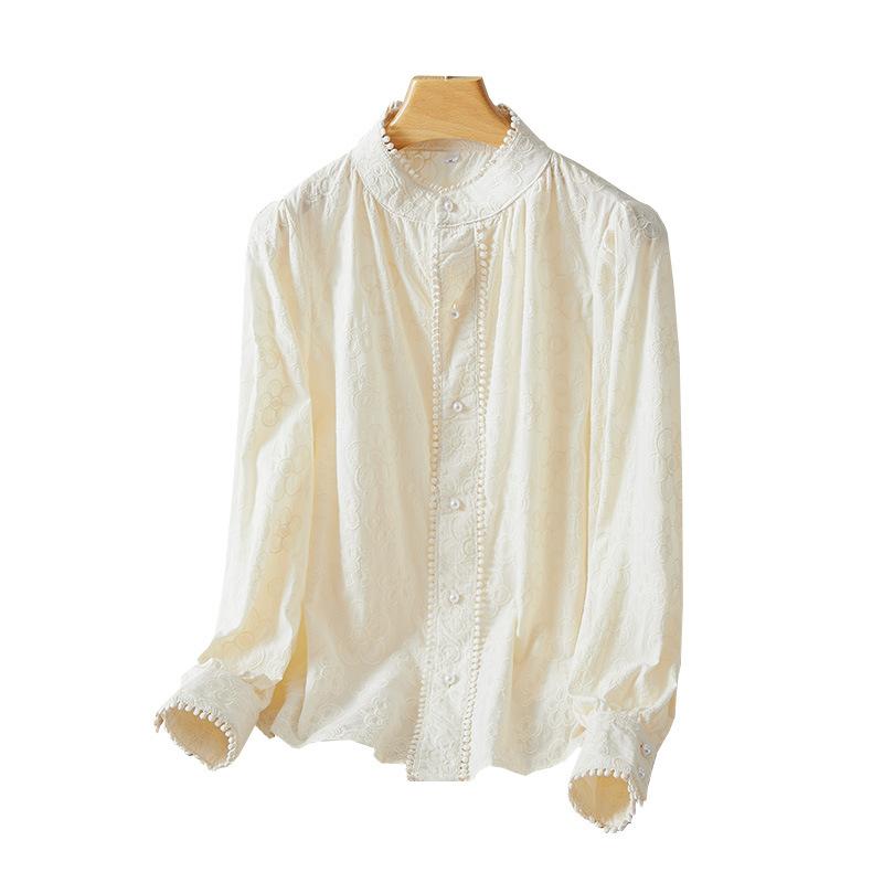 Crew Neck Shirt New Pearl Buckle Embroidered Top Pure Cotton Temperament Shirt