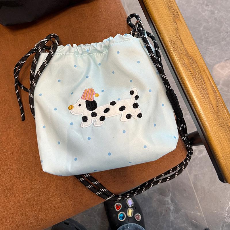 Cute Embroidery Women'S Drawstring Shoulder Bag Cartoon College Girls Book Tote Shopping Bags Large Capacity Female Handbags
