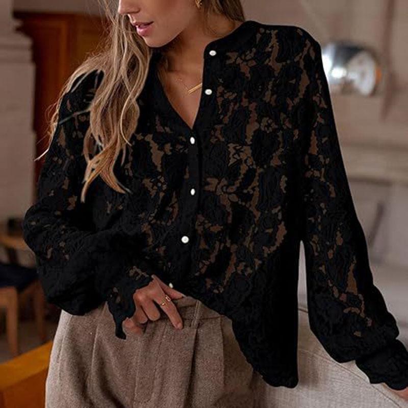 Ladies Spring Summer Hollow Lantern Sleeve All Match Blouse Lace Shirt Top