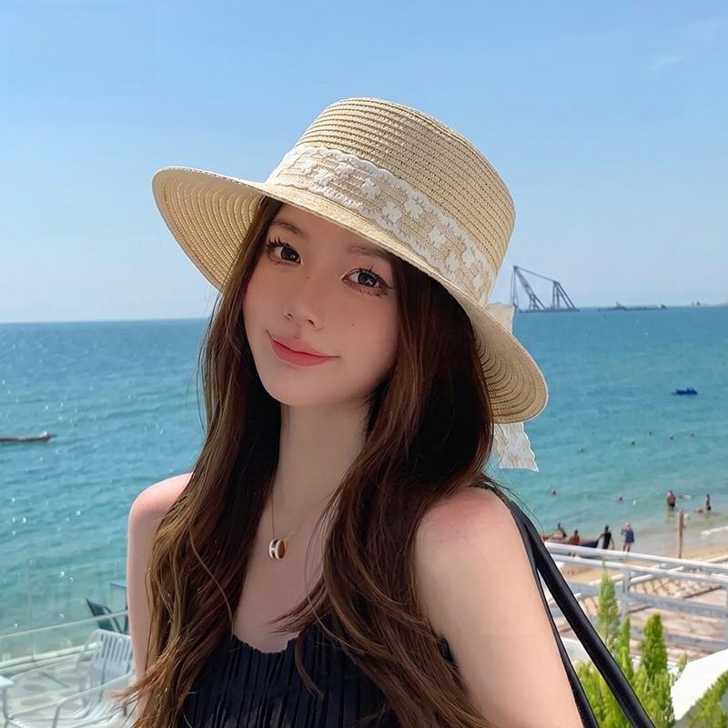 Summer Straw Hat With Lace Ribbon Large Brim Sun Protection For Beach Vacation Women