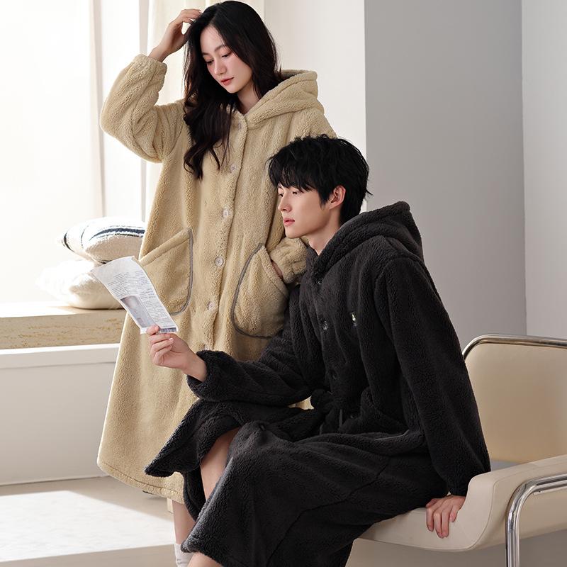 Couple Nightgown Autumn and Winter Thickened Fleece Coral Fleece Cardigan Pajamas Can Be Worn Plush Men's and Women's Hooded Bathrobes