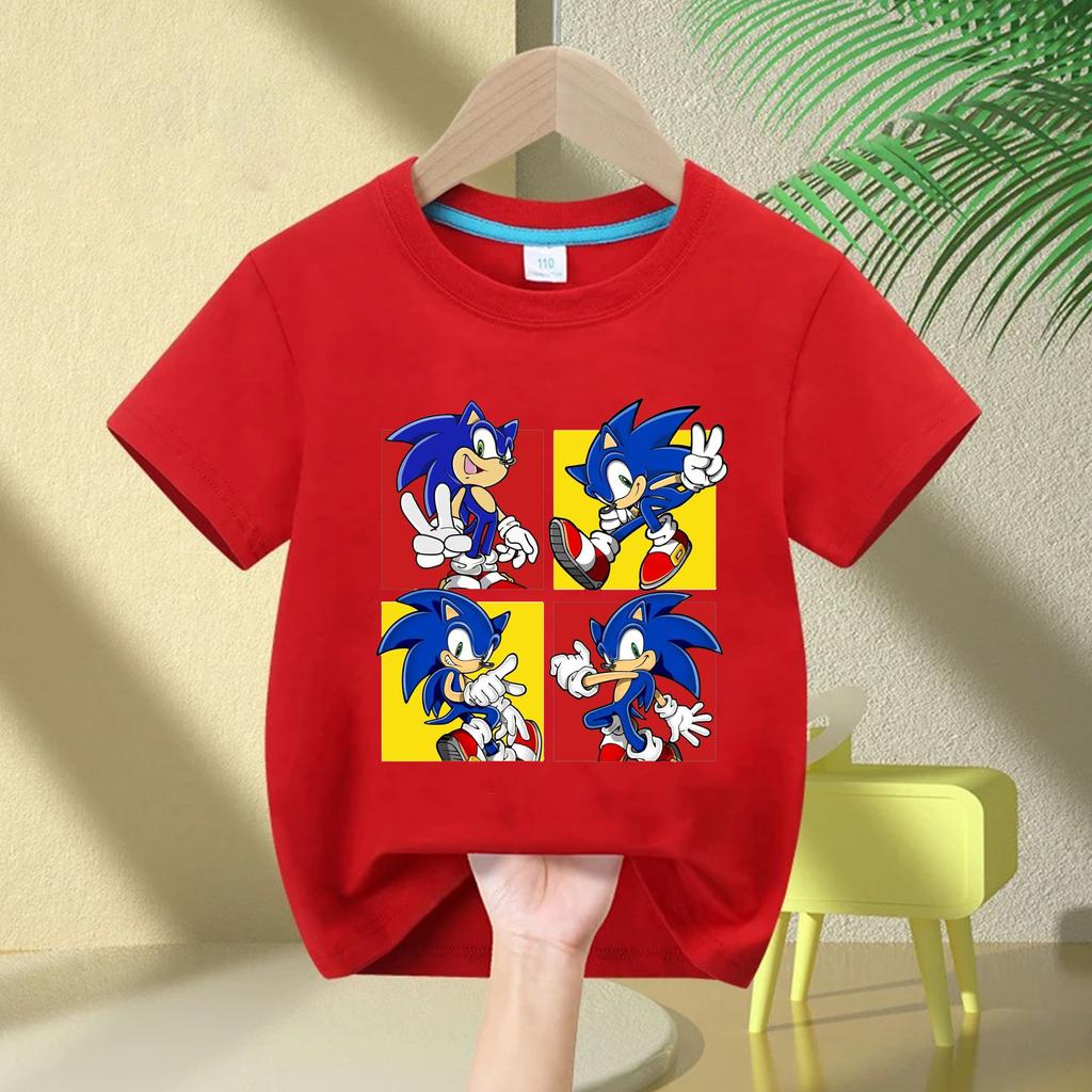 2026 Cartoon Boys' Round Neck Comfortable Short Sleeve Sonic The Hedgehog Children's Pure Cotton T-Shirt Girls' Breathable Top