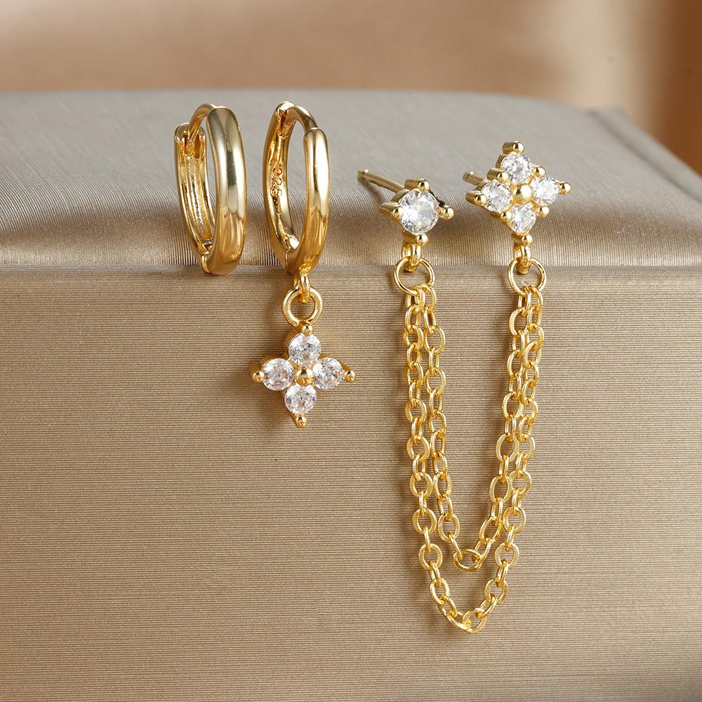 3PCS New Design Four Crystal Flower Pendant Hoop Earrings Set For Women Double Ear Hole Chain Stud Earring Piercing Jewelry