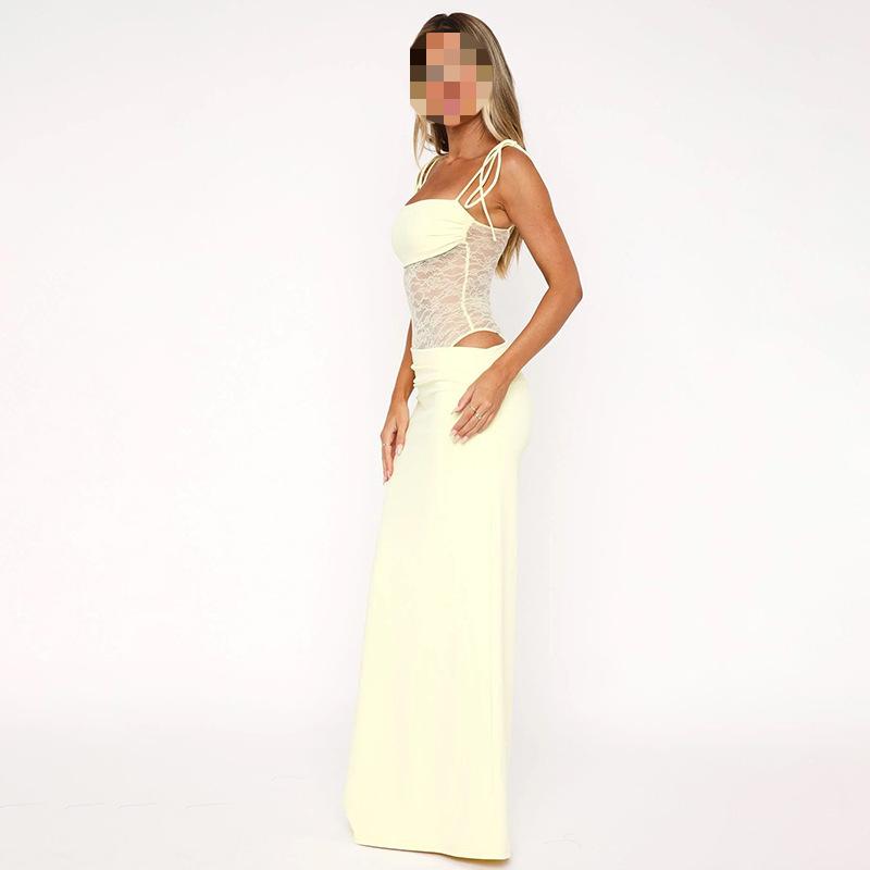 Europejska i Amerykańska Wiosenna Damska Seksowna Koronkowa Sukienka na Ramiączkach z Przeszyciami i Pustymi Miejscami