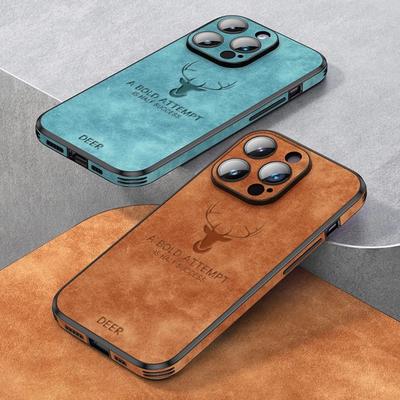 Luxus Hirsch Leder Handyhülle für iPhone 15 14 13 12 11Pro Max XS XR XS Max 7 8Plus Objektiv Glas Stoßstange stoßfeste Silikonhülle