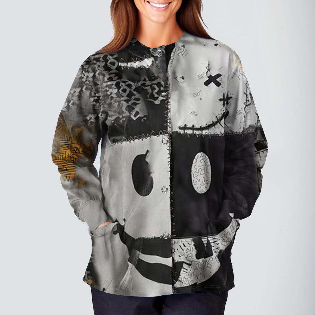 Women's Casual Fashion Long Sleeve Standing Collar Single Breasted Halloween Print Workwear Jacket Tops