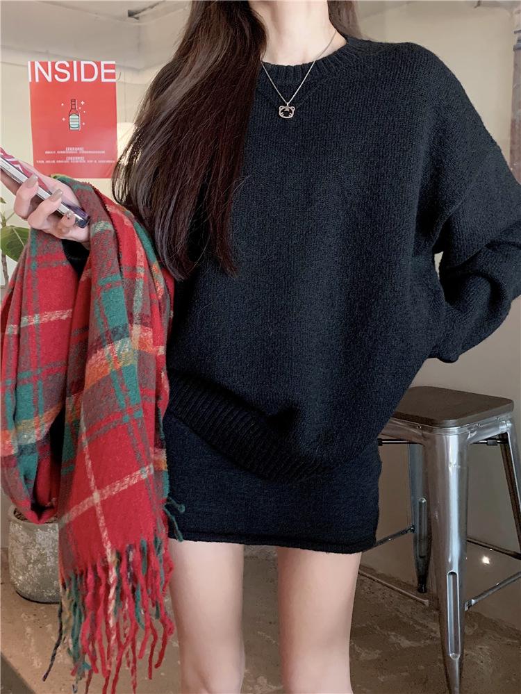 Cozy Gray Sweater & High Waist Midi Skirt Set - Soft Knit Pullover, Perfect for Autumn & Winter