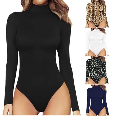 Women's Mock Printing Fashion Turtle Neck Tops Long Sleeve Bodysuit Jumpsuit