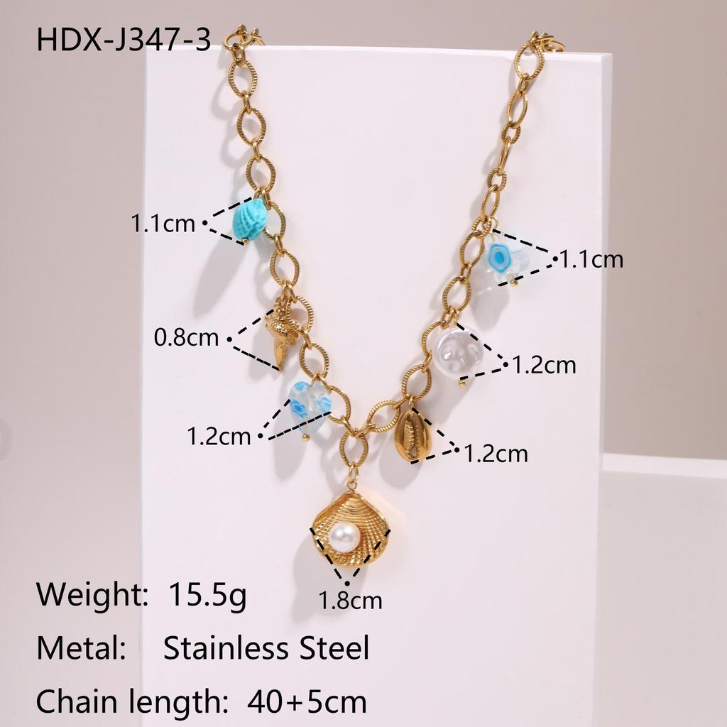 Starfish Flower Pendant Necklace with Pearl Shell on Stainless Steel Clavicle Chain