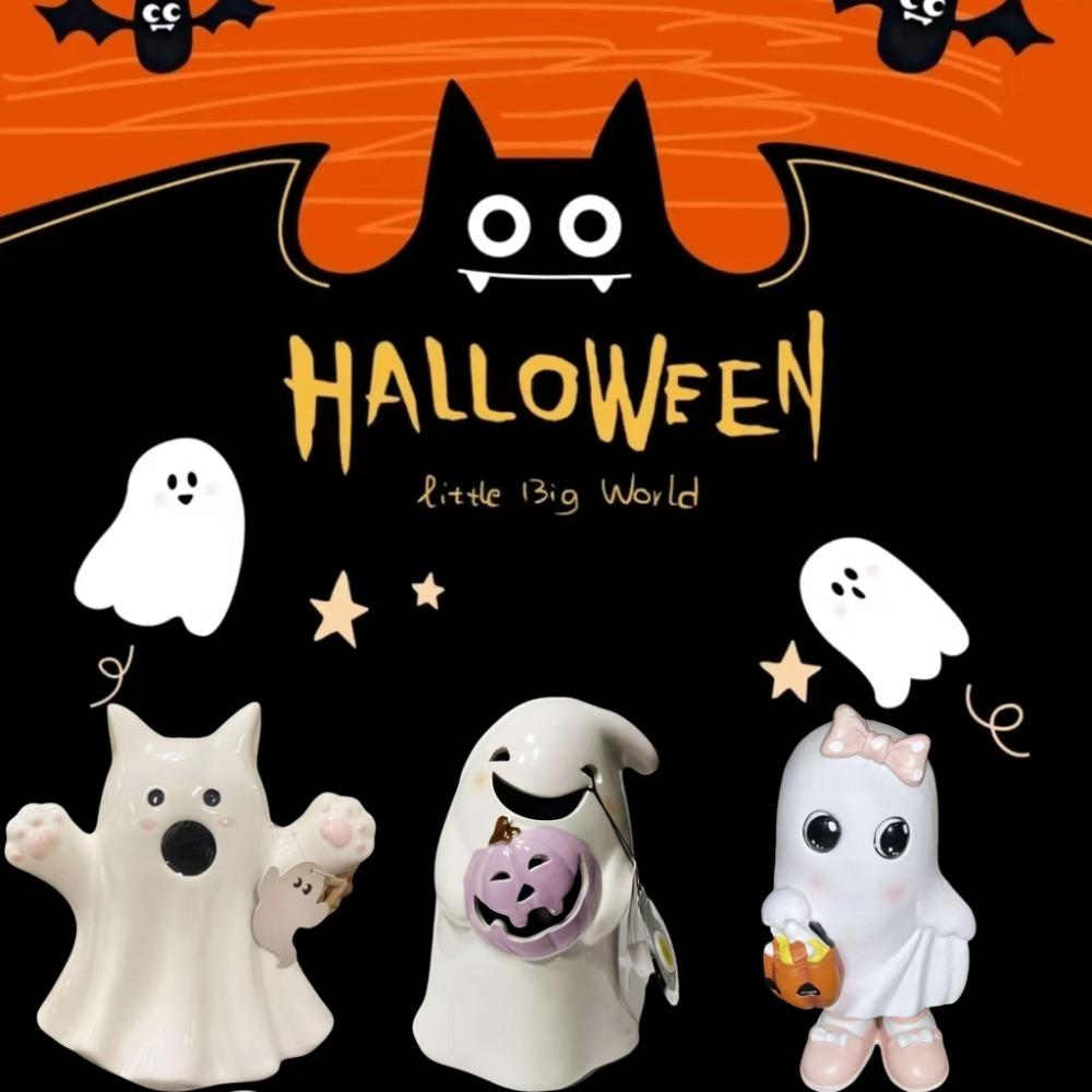 Cute Pumpkin Halloween Ghost Statue Bow Resin Spooky Figurine Cat Crafts Tabletop Decorations Halloween Decorations