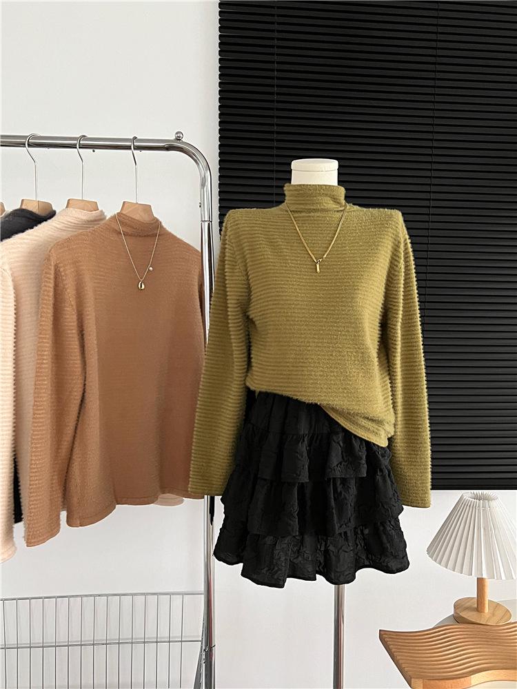 Mink Velvet Lace Flocked Slim Fit High Collar Women's Top - 2022 Winter Style
