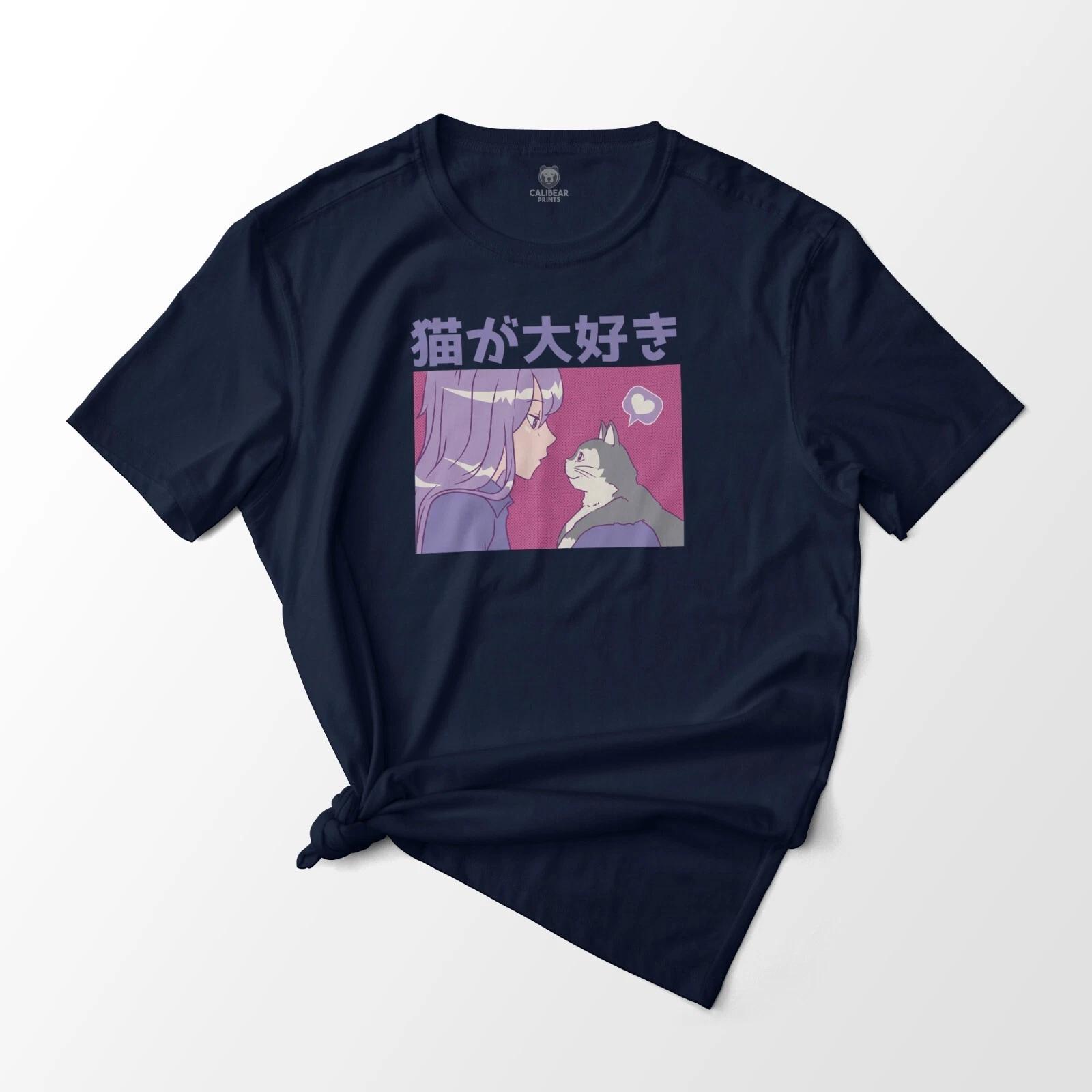 

Anime Girl and Cute Cat Stare Off Graphic T-T-Shirt Unisex 100% Cotton Tee S