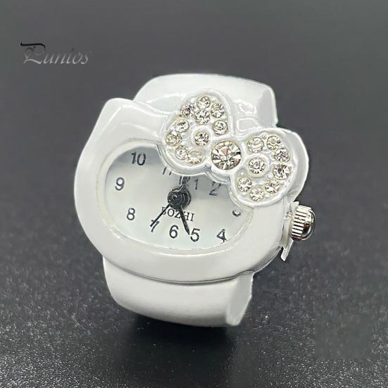 Cat Shape Ring Watch Cartoon Finger Rhinestone Bowknot Elastic Stainless Steel Band Women Birthday Gift Fashion Accessories