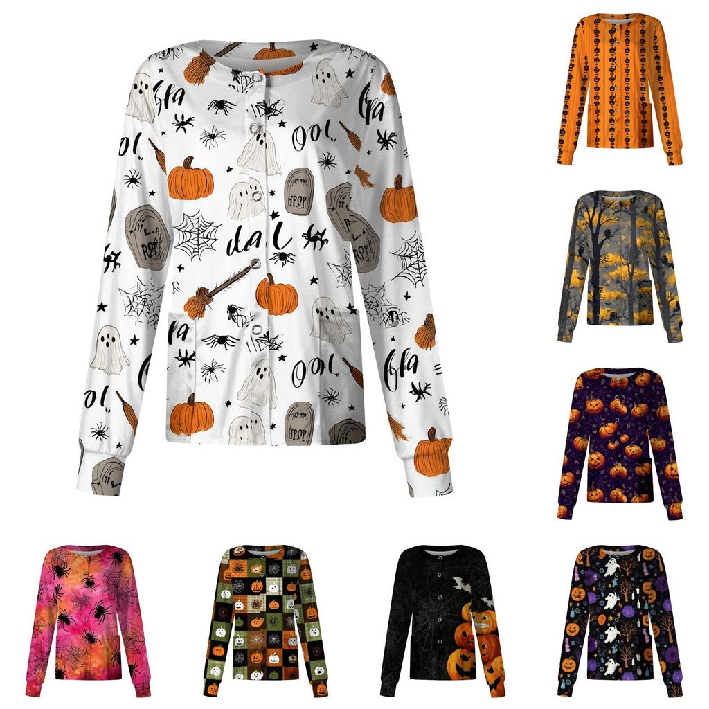 Women's Casual Long Sleeve Single Breasted Cardigan Halloween Pumpkin Print Workwear Shirt Top for Caregivers Lightweight Comfortable