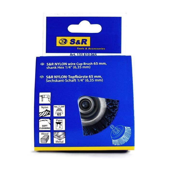 Brosse soucoupe en nylon fin pour bois et métal - s&amp;r - 65 mm - queue 6 pans 1/4" (6,35 mm)