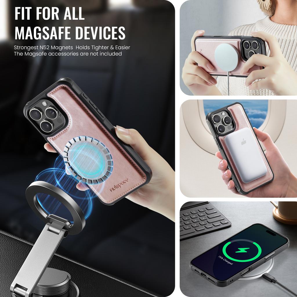 For iPhone 16 Pro Max Case AUTSPACE A12 Leather Back Cover with Magnetic Detachable Card Bag Kickstand