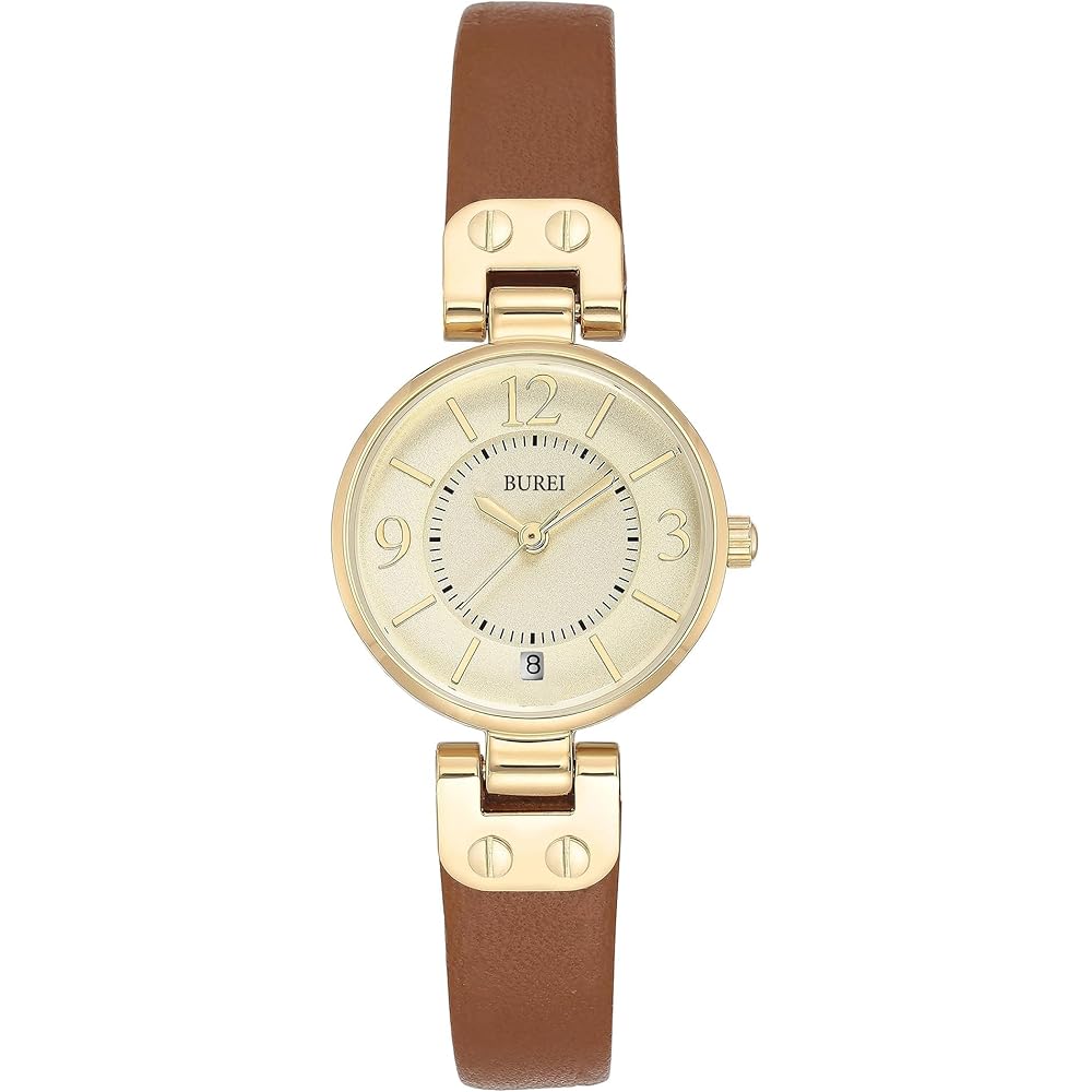 BUREI Women s Analog Quartz Watch Waterproof Gold Lightweight Brown Leather Strap Casual Business Gift