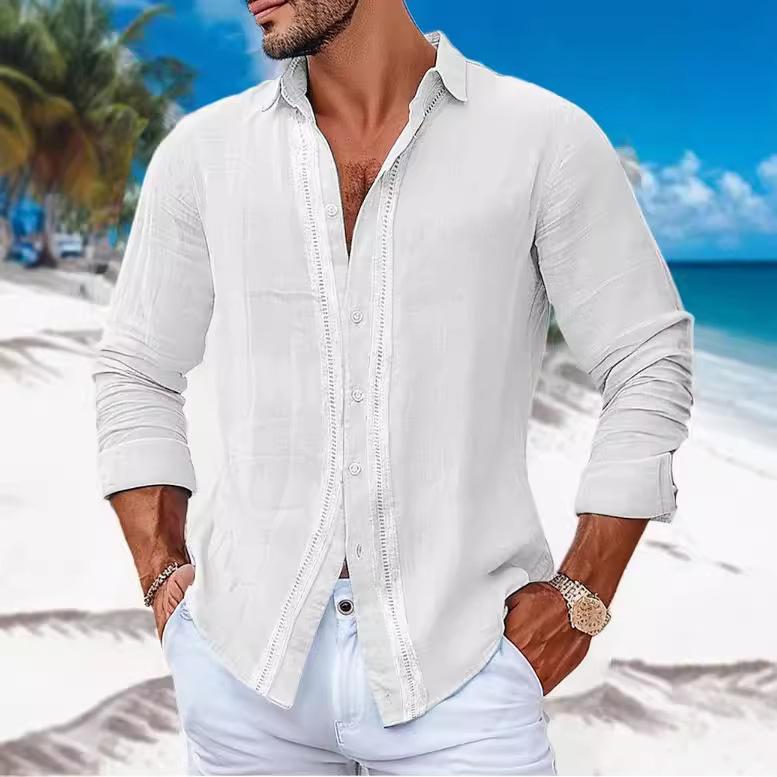 

Мужская льняная летняя рубашка на пуговицах пляжная с длинным рукавом однотонная воротник весна/лето повседневная S белый