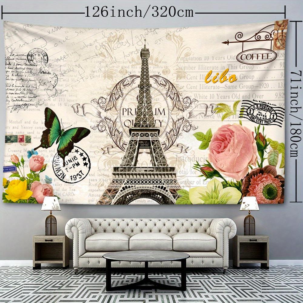 1pc French Paris Eiffel Tower Floral Tapestry, 126x320 inches, Polyester Soft and Flat Wall Hanging, No Power Needed, Woven, Textured, Natural Style R