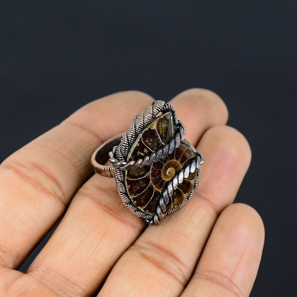 Ammonite Fossil Gemstone Copper Wire Wrapped Handmade Jewelry Ring