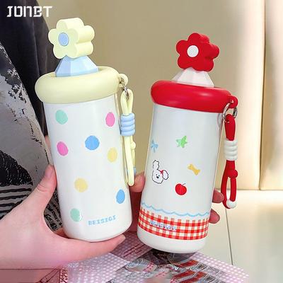 Süße Blume Thermoswasserflasche mit Strohhalm 316 Edelstahl Heißkaffee Thermoskanne Tragbarer Auto-Eiskaffeebecher Thermos-Trinkgeschirr