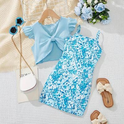 Vestido de Moda Infantil Estampado com Flores com Top de Laço Conjunto Verão Vestido Casual Elegante Infantil