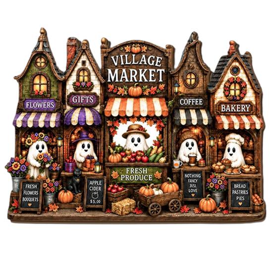 Halloween Hanging Wooden Sign House Pendant with Hemp Rope for Wall Door Autumn Seasonal Art Decoration, Haunted Castle Ornaments Pumpkin Ghost