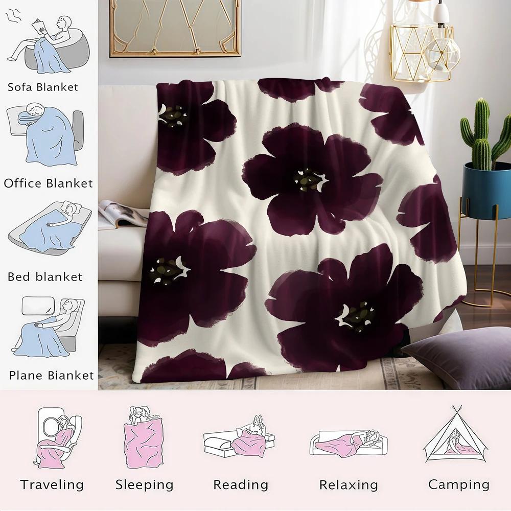 Plum Watercolor Blooms Flannel Blanket Warm Soft Halloween Christmas Couch Warm Cozy Decorative Decor Gift For All Season
