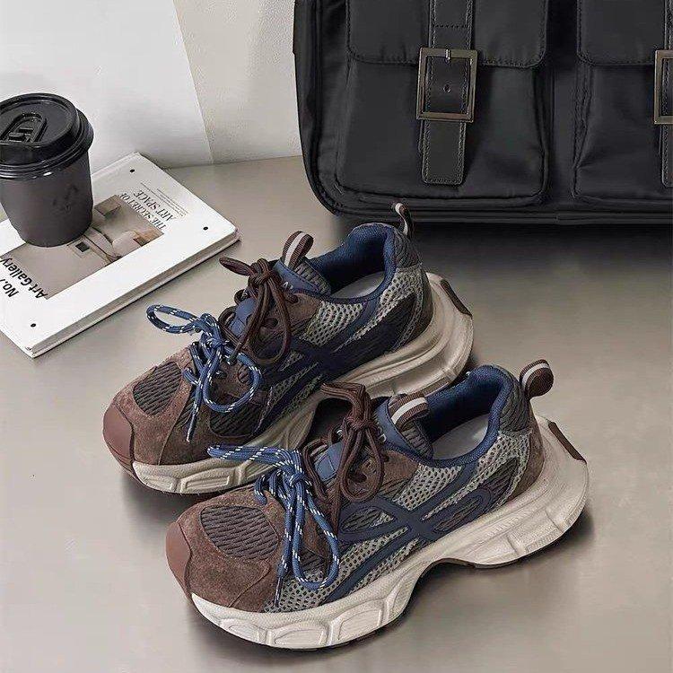 European Thick-soled Mesh Leather Dad Shoes Women's 2025 Autumn New Lace-up Heightening, Lightweight and Comfortable Sports and Leisure Shoes