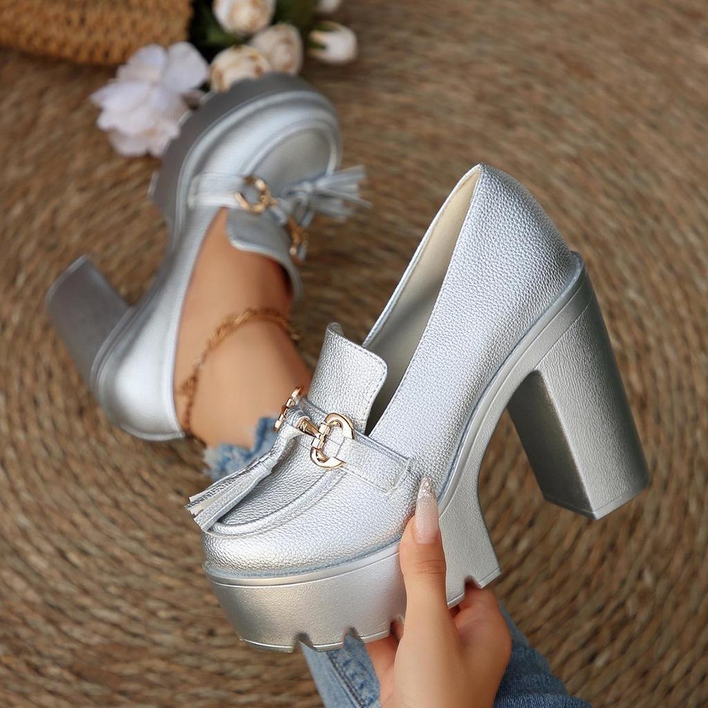 Women's Chunky Heel High Heel Shoes with Tassel Decoration - 2025 Autumn Collection in Plus Sizes