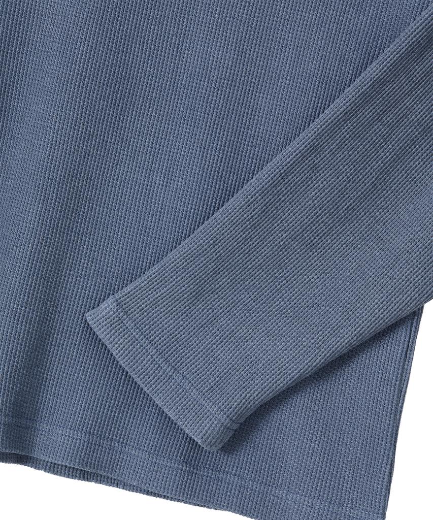Uallong Layered Loose Waffle Henley Neck Long Sleeve Tee - Fade Navy