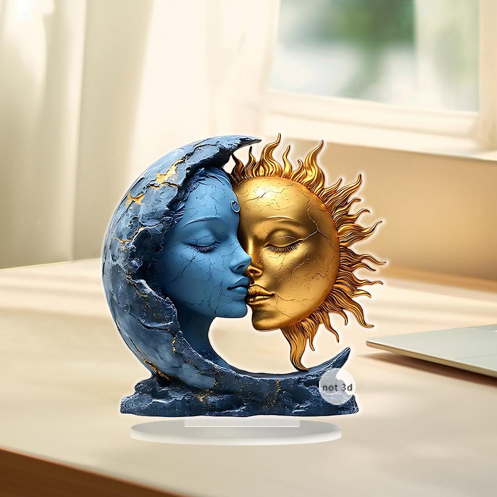 1-Piece Moon and Sun Shaped Ornament, Blue Moon and Golden Sun, 2D Flat Acrylic Home Desktop Holiday Decoration, Essential Decorations for