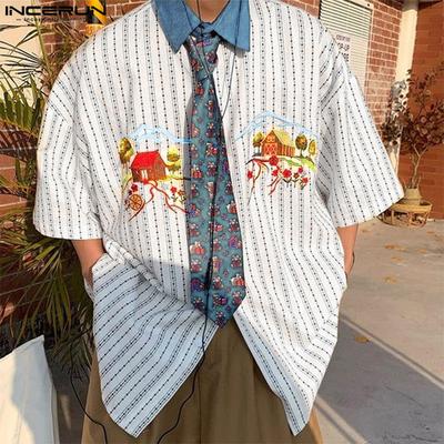 Übergroße Herren Lapel-Kragen Kurzarm Gestreiftes Muster Patchwork Lässige Lockere T-Shirts Tops