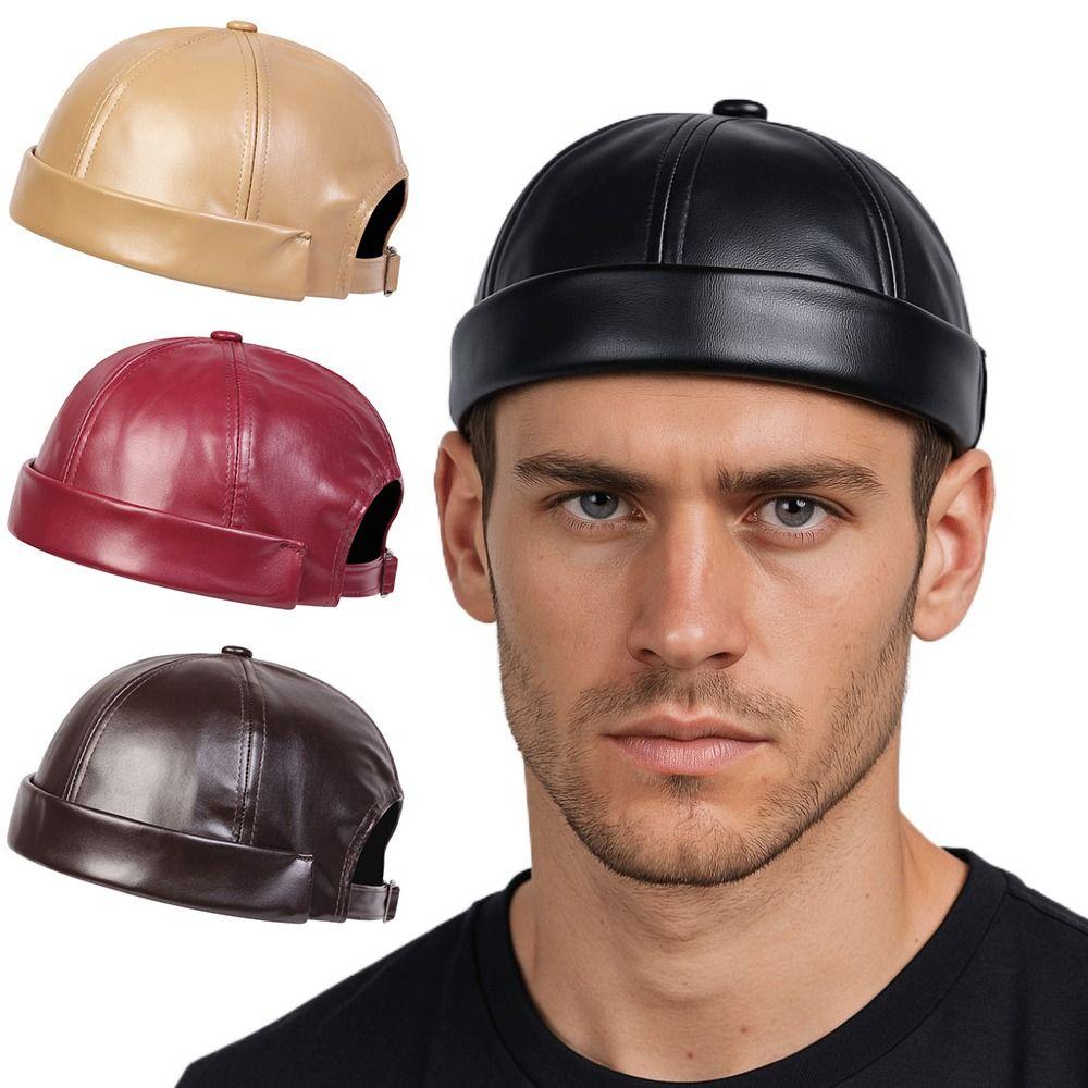 Lässige Retro-Kappe ohne Schirm Unifarbene PU-Leder-Melonenkappe Verstellbare Vermieterkappe Unisex